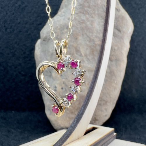 fig 1. 9ct Gold Ruby & Diamond Heart Pendant Necklace
