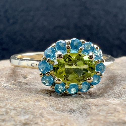 9ct Gold French Peridot & Blue Apatitte Cluster Ring