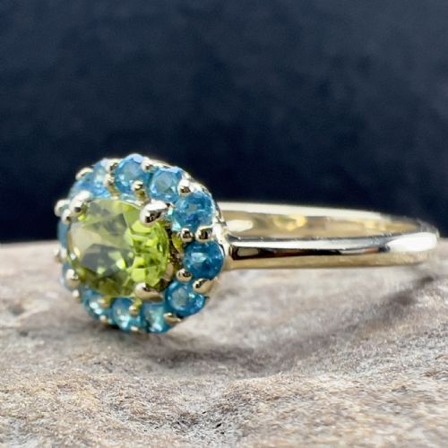 fig 1. 9ct Gold French Peridot & Blue Apatitte Cluster Ring
