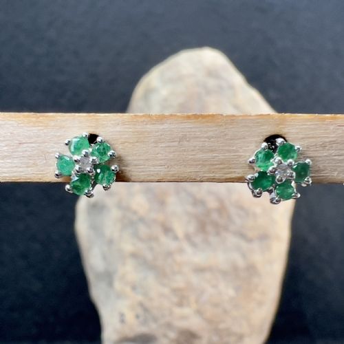 fig 1. 9ct White Gold Diamond & Emerald Cluster Stud Earring