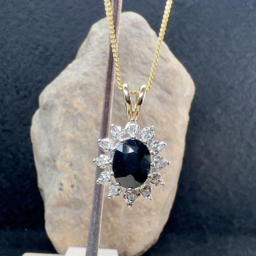 9ct Gold Sapphire & Diamond Cluster Pendant Necklace