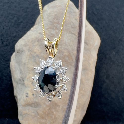 fig 1. 9ct Gold Sapphire & Diamond Cluster Pendant Necklace