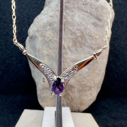 9ct Gold Amethyst & Diamond Wishbone Pendant Necklace