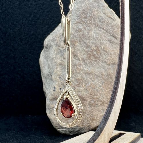 fig 1. 9ct Gold Pear Drop Garnet & Diamond Pendant Necklace