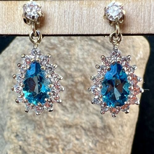 9ct Gold Swiss Blue Topaz & White Zircon Drop Stud Earrings