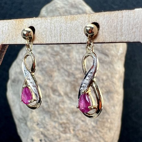 9ct Gold Ruby & Diamond Drop Stud Earrings