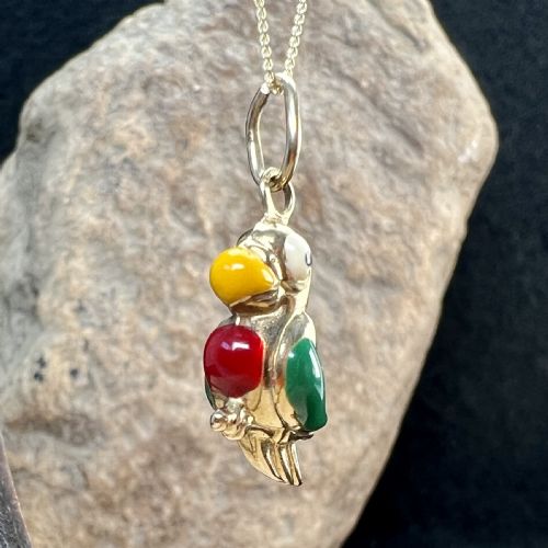 14ct Gold Vintage Enamelled Parrot Pendant Necklace