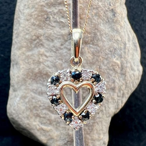 9ct Gold Sapphire & Diamond Set Heart Pendant Necklace