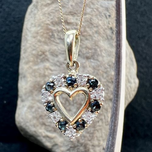 fig 1. 9ct Gold Sapphire & Diamond Set Heart Pendant Necklace