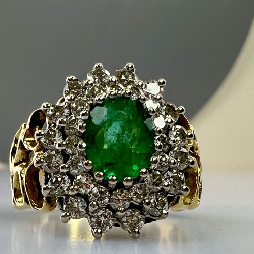 fig 1. 18ct Gold Art Deco Bespoke Made Emerald & Diamond (1.50ct) Cluster Ring