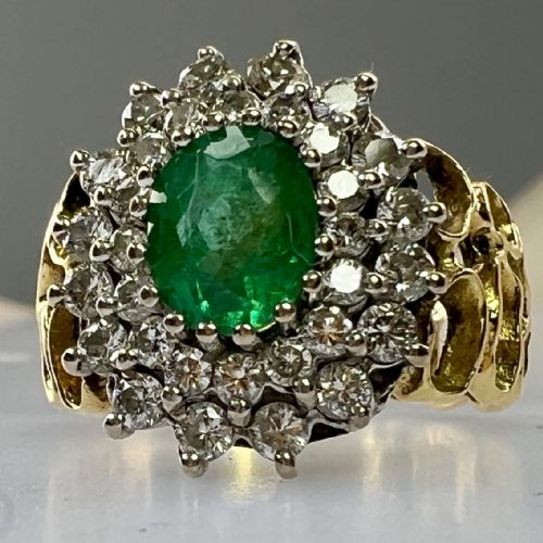 18ct Gold Art Deco Bespoke Made Emerald & Diamond (1.50ct) Cluster Ring