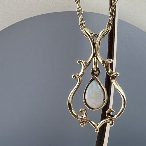fig 1. 9ct Gold Victorian Pear Cut Opal Lavaliere Drop Pendant Necklace