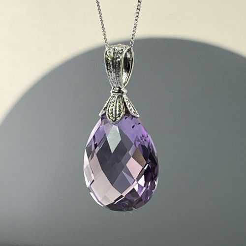 9ct White Gold Large Faceted Amethyst (20.00ct) Drop Pendant Necklace