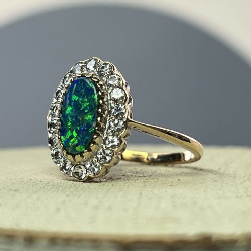 fig 1. 9ct Gold Victorian Opal Doublet & White Spinel Ring, Chester 1894