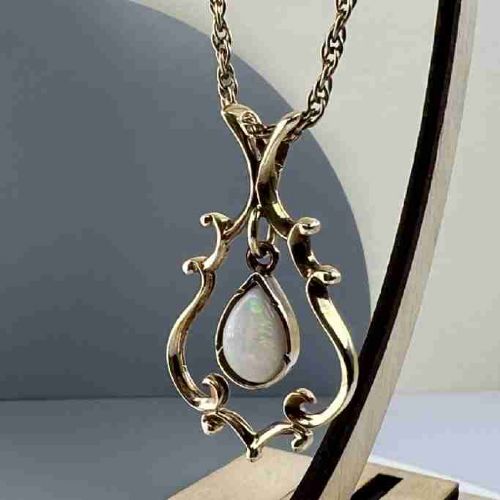 9ct Gold Victorian Pear Cut Opal Lavaliere Drop Pendant Necklace 