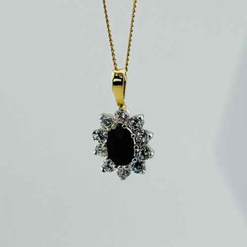 9CT GOLD SAPPHIRE WHITE ZIRCON CLUSTER PENDANT - ADDITIONAL PHOTO 1