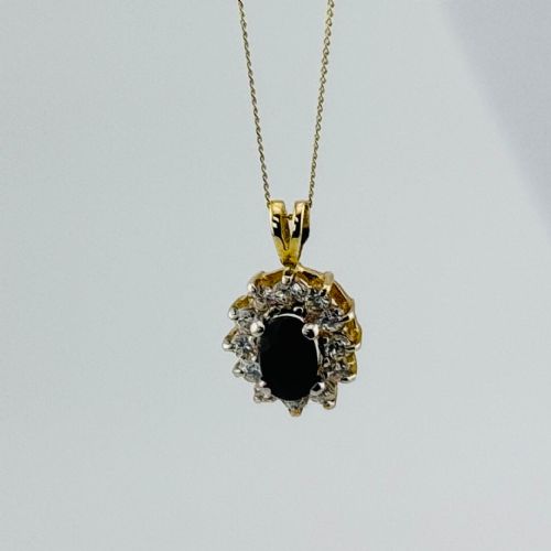 fig 1. 9ct Gold Sapphire & Diamond Cluster Pendant Necklace