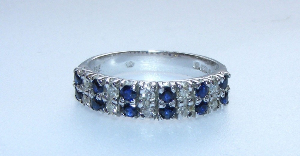 QUALITY ART DECO DESIGN 18ct.WHITE GOLD DOUBLE ROW SAPPHIRE & DIAMOND HALF ETERNITY RING