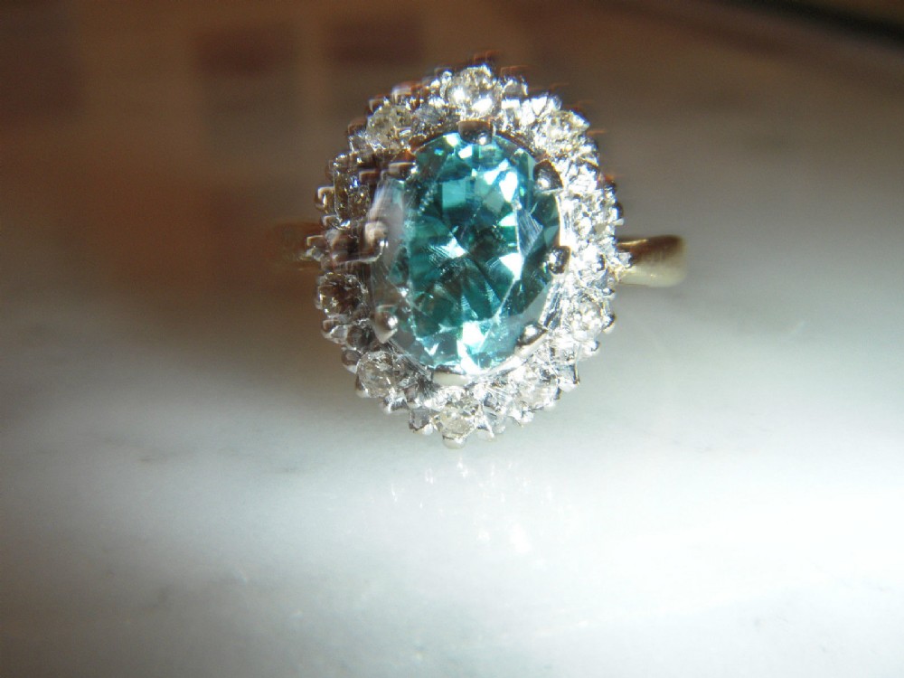 STUNNING ART DECO 2.5CT BLUE ZIRCON & DIAMOND 18CT GOLD RING 