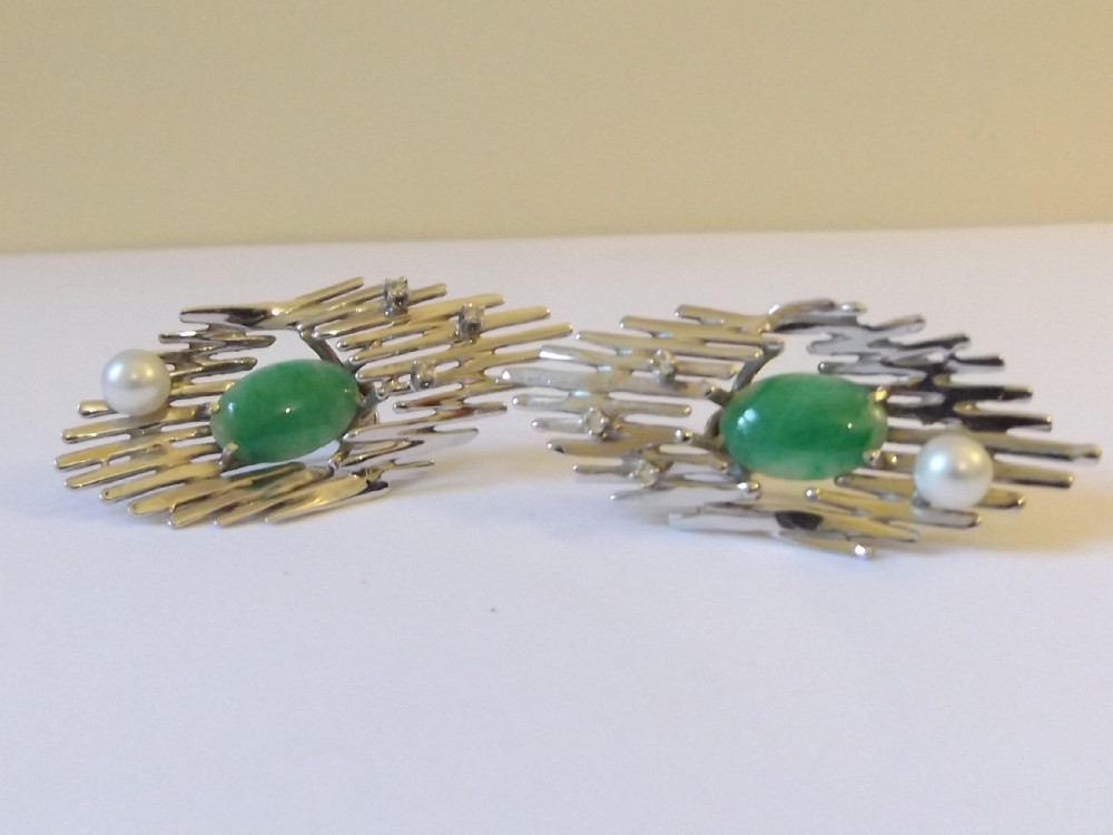 Superb pair of 18ct white gold, jade, diamond and cultured pearl earrings,
