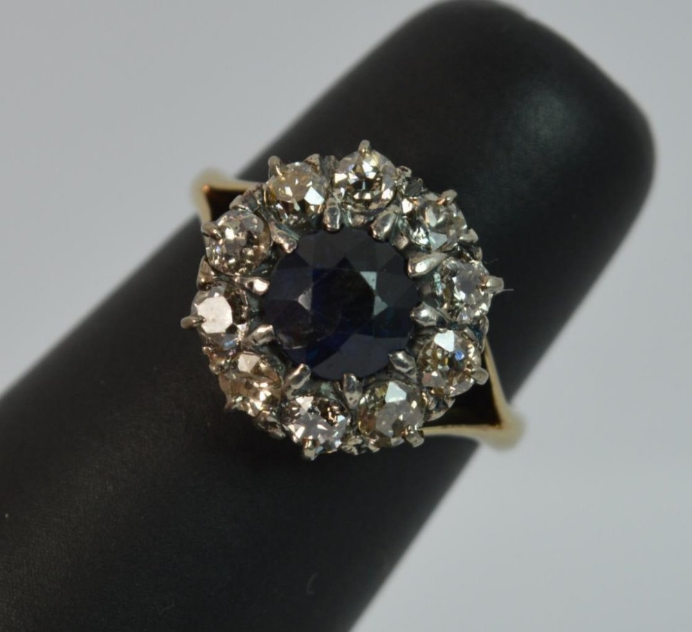 Antique 0.8ct Old Cut Diamond & Sapphire 18ct Gold Cluster Ring
