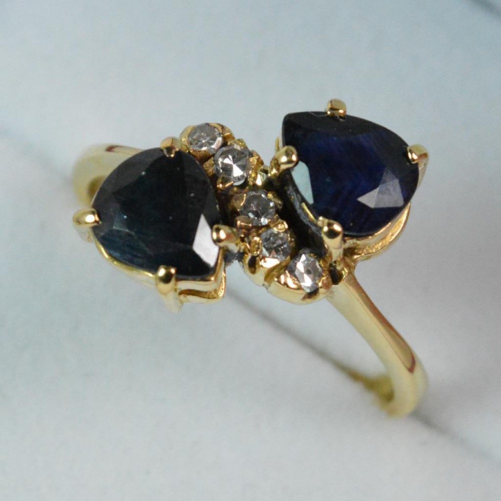 Art Deco Pear Cut Double Sapphire and Diamond Ladies 18ct Gold Cluster Ring