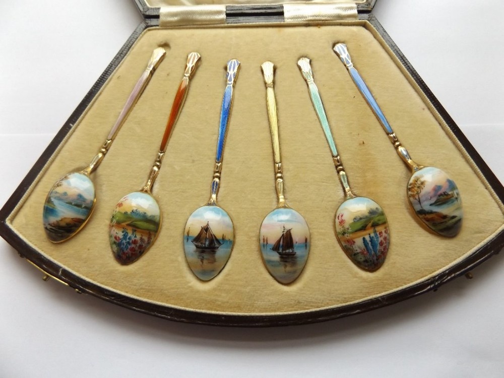 Superb Art Deco Rare Set of Silver Gilt & Enamel Spoons