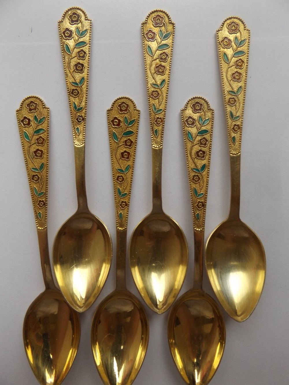 Rare Boxed Set of Six Soviet Russia Silver Gilt and Enamel Teaspoons, Leningrad 875 standard 