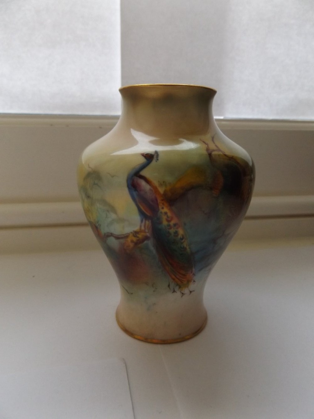 Lovely Royal Worcester vase painted with peacocks, signed A Watkins 1912
