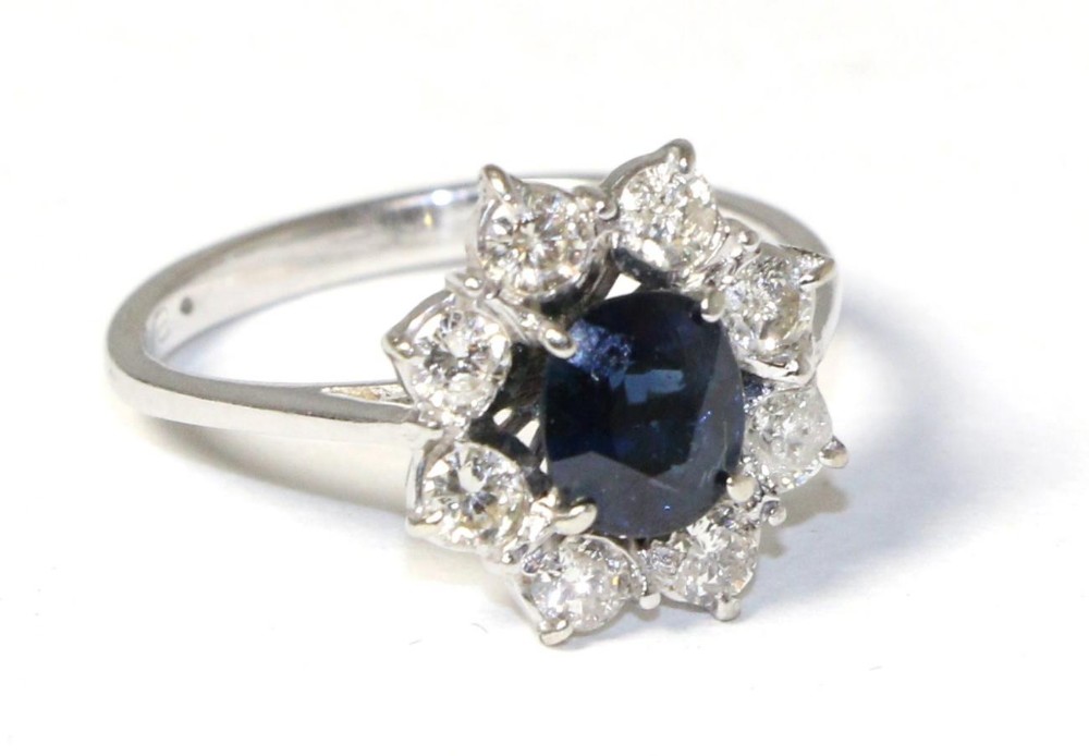 Stunning Art Deco Period 18ct White Gold 1ct Sapphire & 0.65ct Diamond Ring