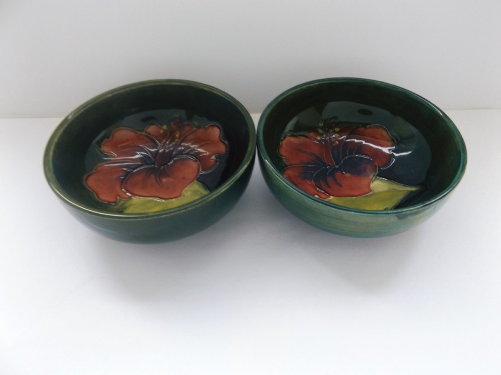 Lovely Pair of Moorcroft Hibiscus Pattern  Dishes View IV