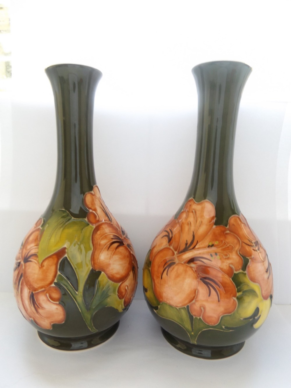 Super Pair of Large Moorcroft Coral Hibiscus Vases