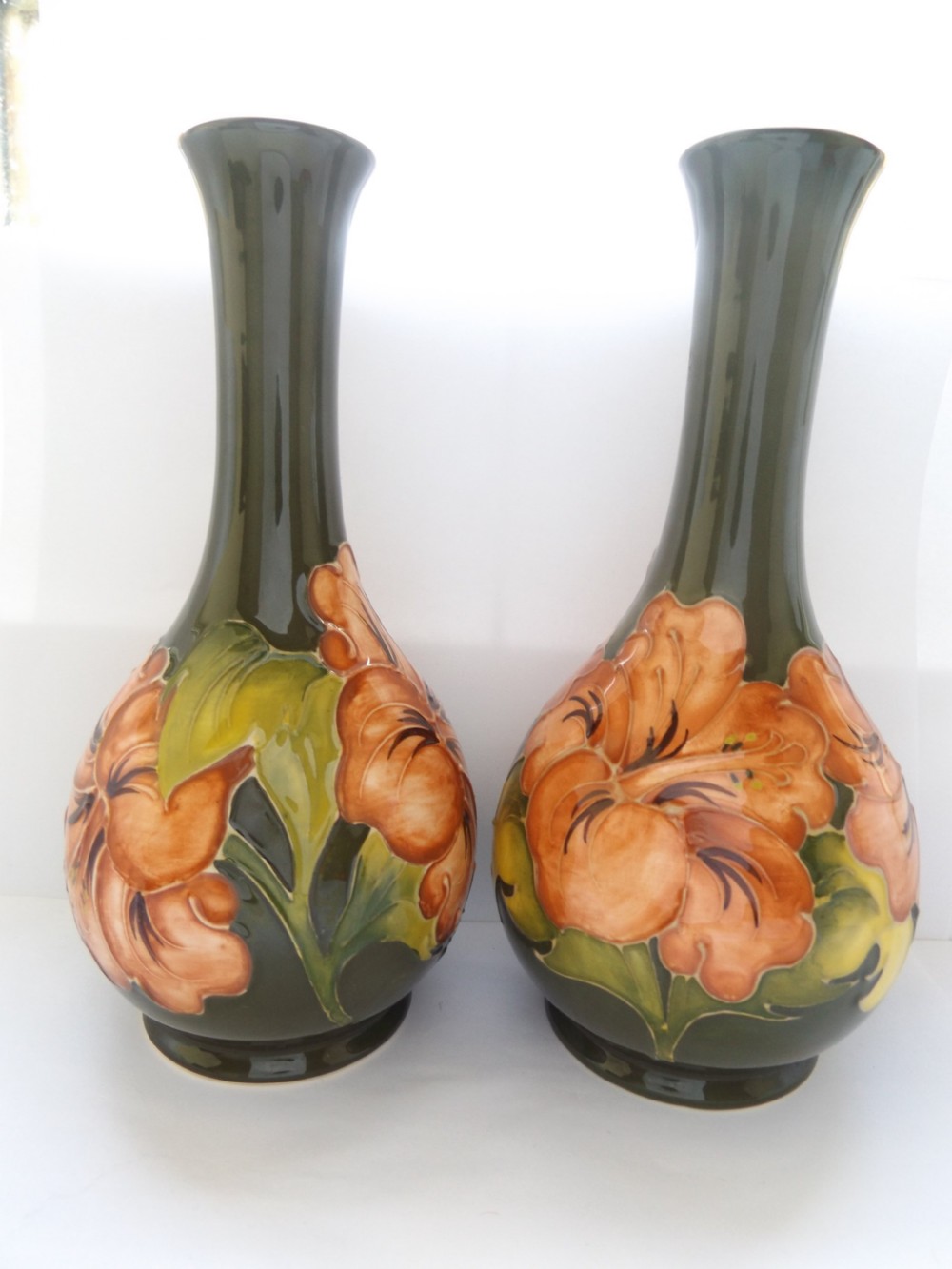 Super Pair of Large Moorcroft Coral Hibiscus Vases View II