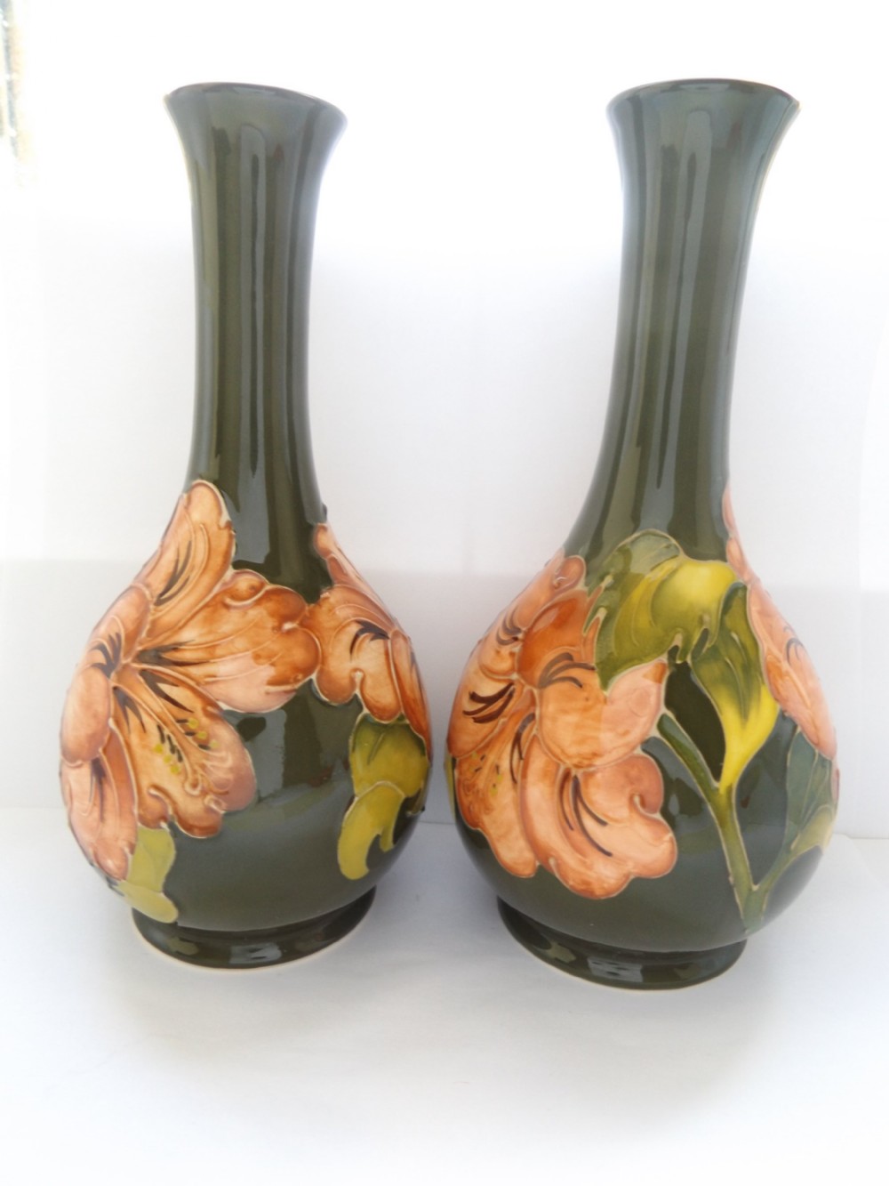 Super Pair of Large Moorcroft Coral Hibiscus Vases View III