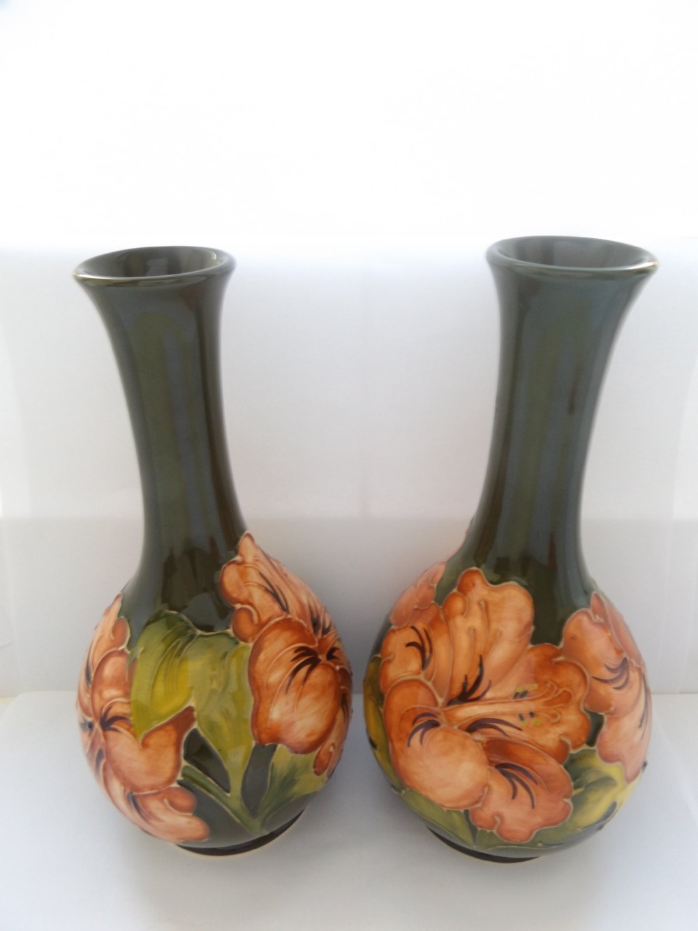 Super Pair of Large Moorcroft Coral Hibiscus Vases View IV