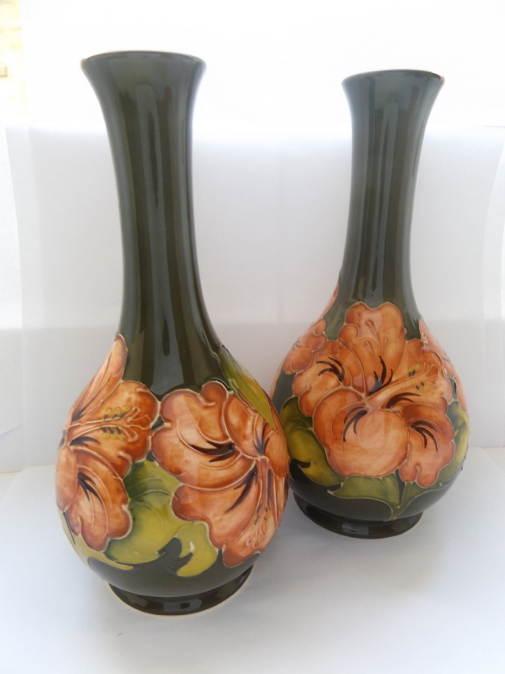 Super Pair of Large Moorcroft Coral Hibiscus Vases View V