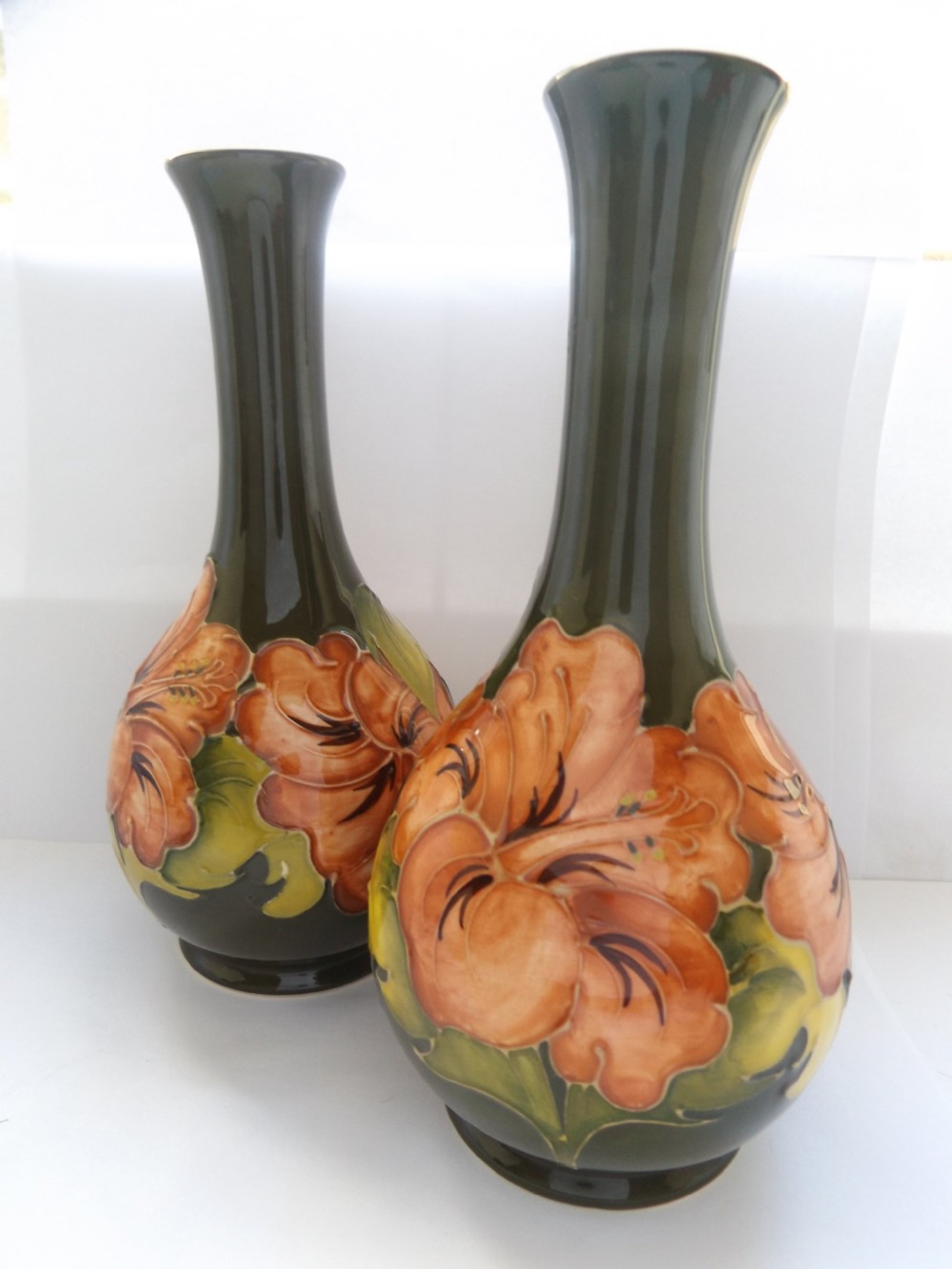 Super Pair of Large Moorcroft Coral Hibiscus Vases View VI