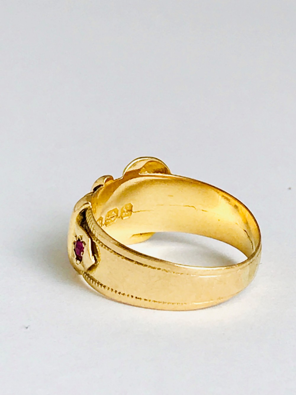 Antique Victorian 1897 18ct Buckle Ring  with a Diamond and Ruby. Size L
 View III