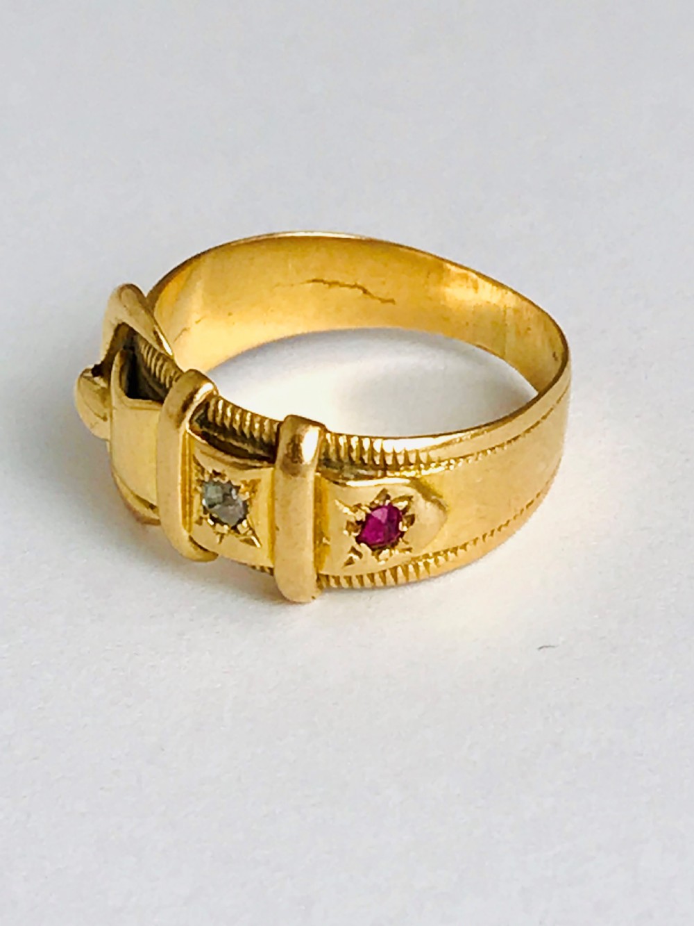 Antique Victorian 1897 18ct Buckle Ring  with a Diamond and Ruby. Size L
 View V