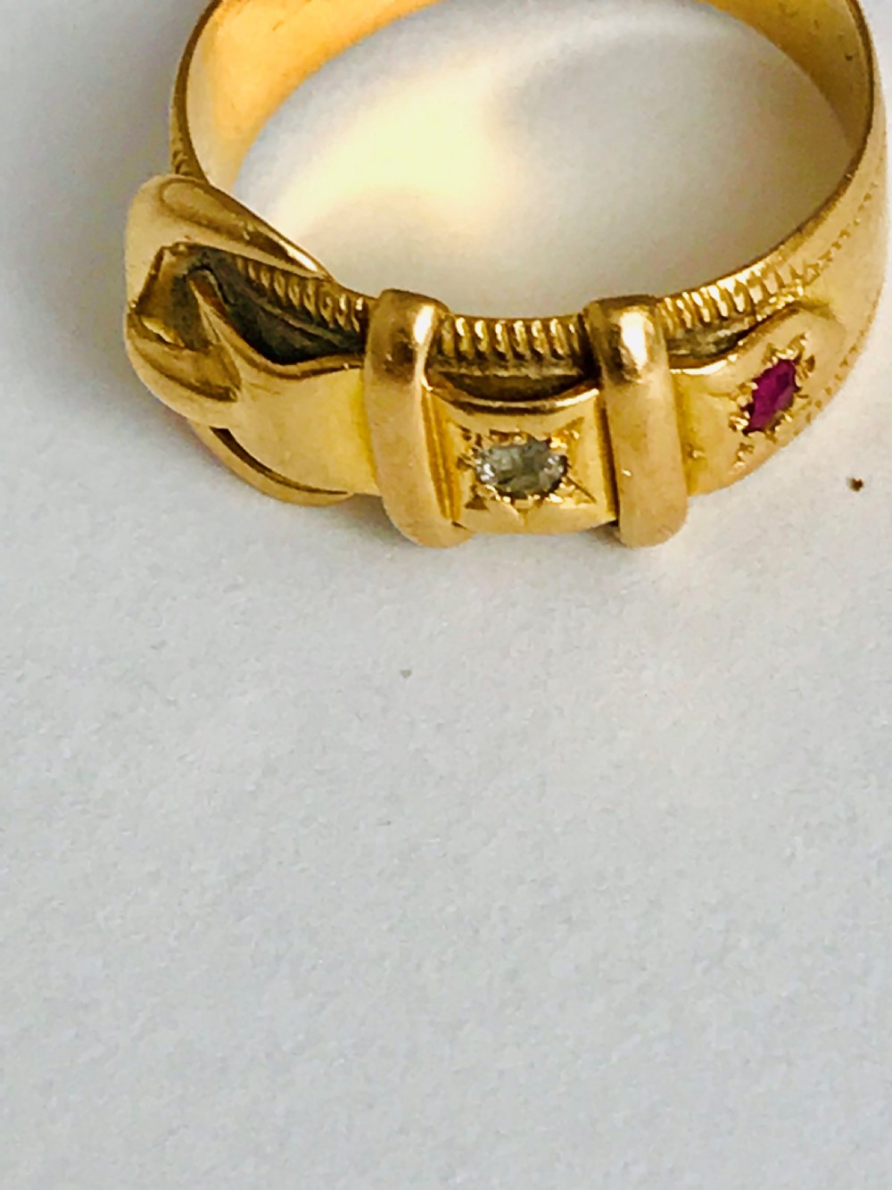 Antique Victorian 1897 18ct Buckle Ring  with a Diamond and Ruby. Size L
 View VII