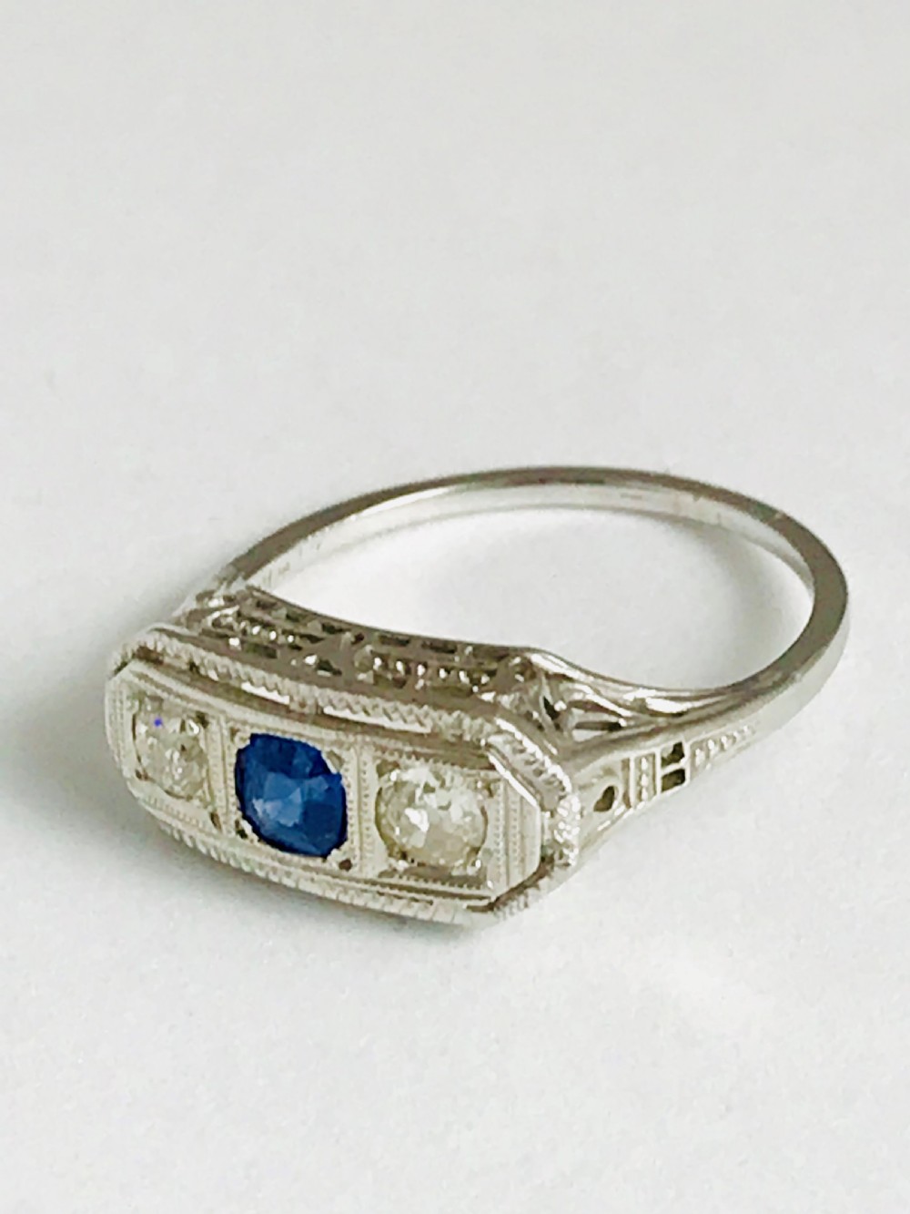 Super Quality18ct gold old mined cut Diamond & Sapphire three stone Art deco ring View III