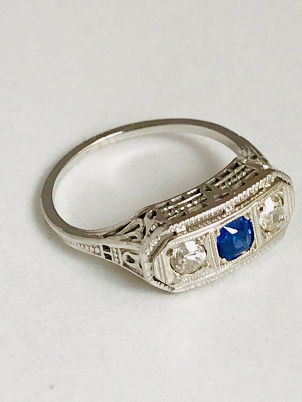 Super Quality18ct gold old mined cut Diamond & Sapphire three stone Art deco ring View IV