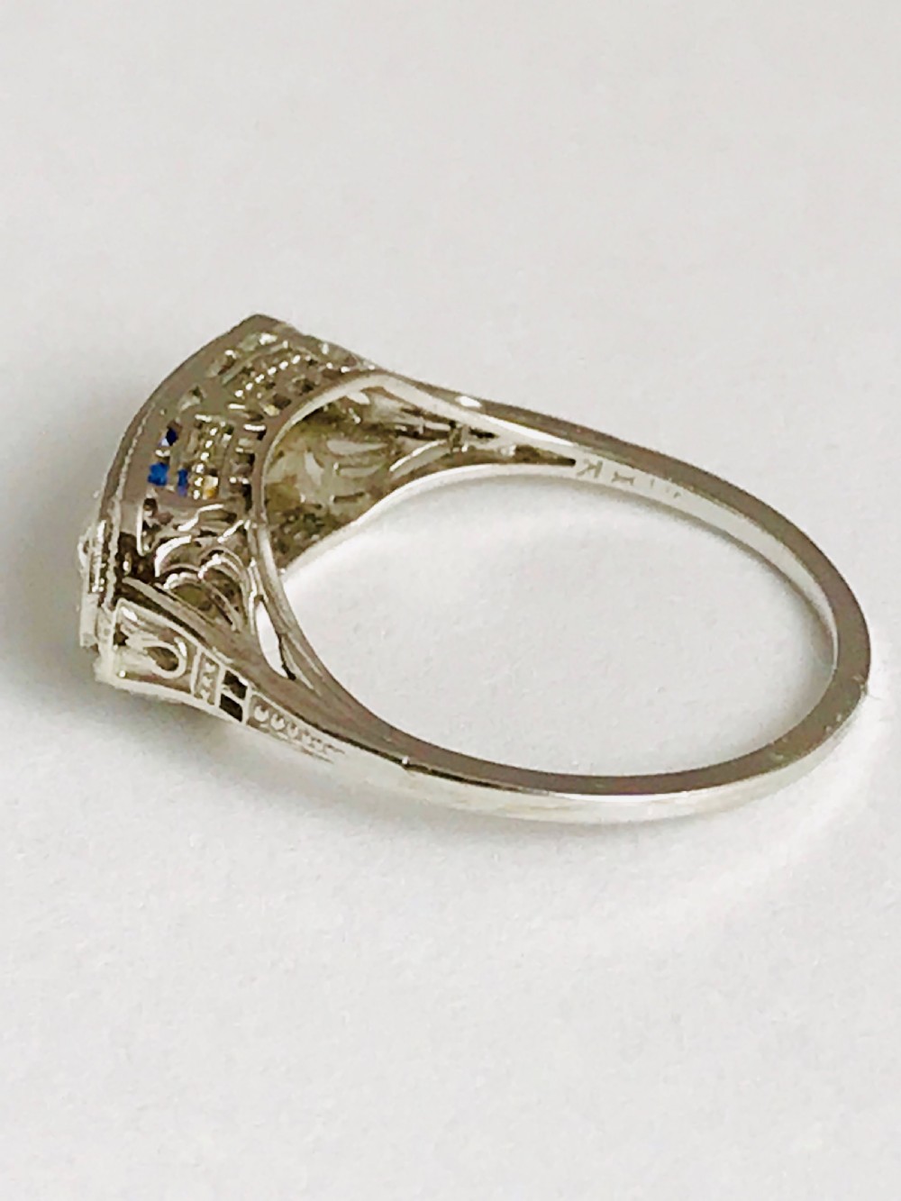 Super Quality18ct gold old mined cut Diamond & Sapphire three stone Art deco ring View VI