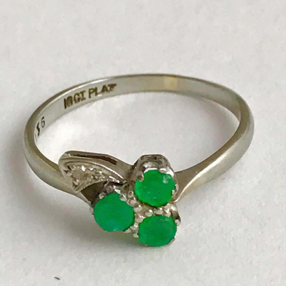 Art Deco 18ct White Gold Irish Clover with Diamond and Emerald set in Platinum 