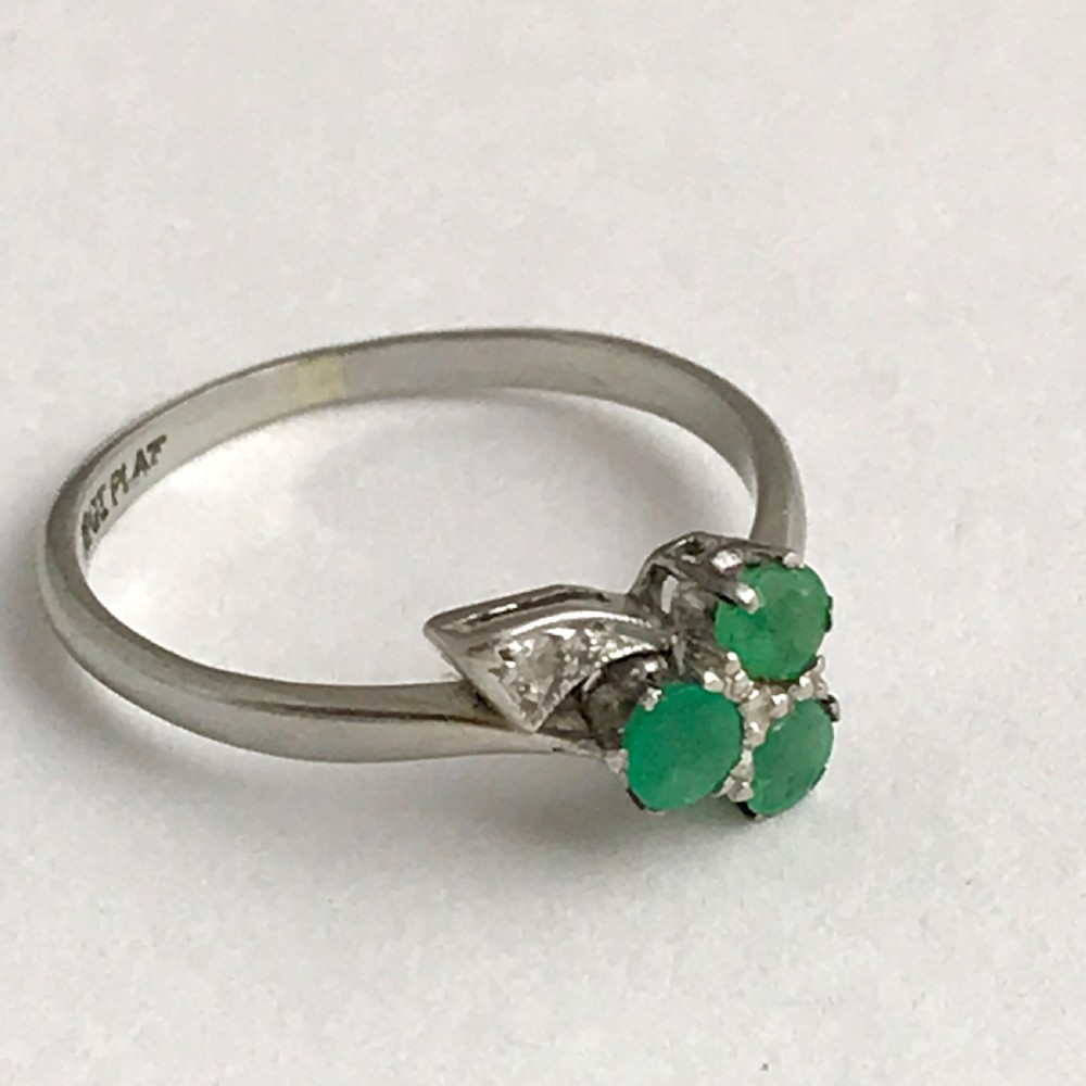 Art Deco 18ct White Gold Irish Clover with Diamond and Emerald set in Platinum  View II