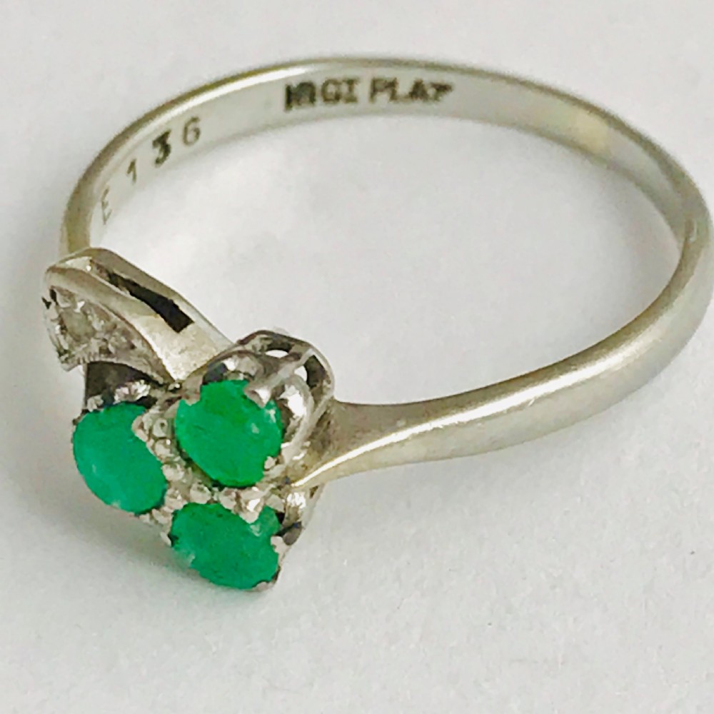 Art Deco 18ct White Gold Irish Clover with Diamond and Emerald set in Platinum  View III
