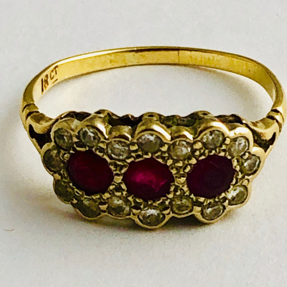 Super 18ct Gold Triple Cluster Ruby & Diamond Ring View III