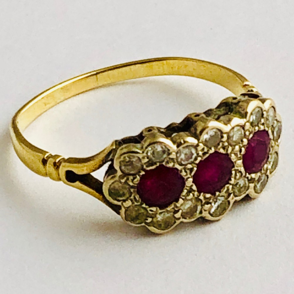 Super 18ct Gold Triple Cluster Ruby & Diamond Ring