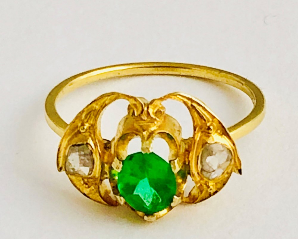 Super 18ct gold emerald and rose cut diamond ring 