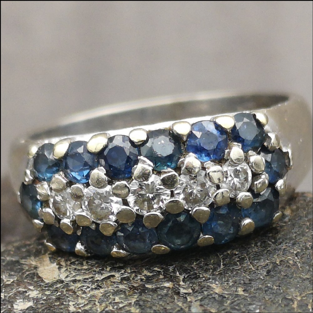 An Unusual 18ct White Gold double row Sapphire  and a single row Diamond Ring size N1/2